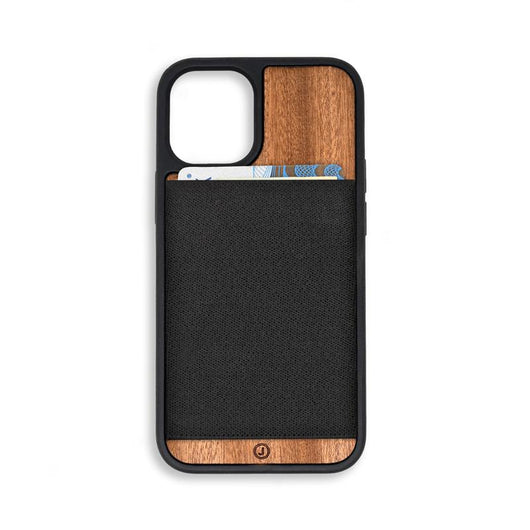  Brown wooden phone case with a black elastic wallet on the back. 