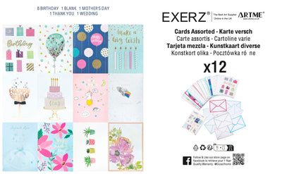 ARTME 12 Assorted Greeting Cards Multipack All Occasions - Handmade - Birthday, Thank You, Mother’s Day, Blank