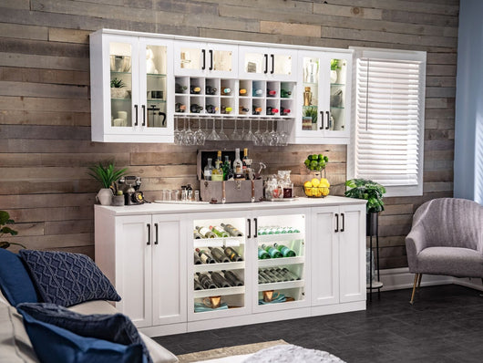 Home Wet Bar 13 Piece Cabinet Set with Wall, Wide Display, Sink Cabinet, Sink, Faucet and Melamine Countertop - 21 in.