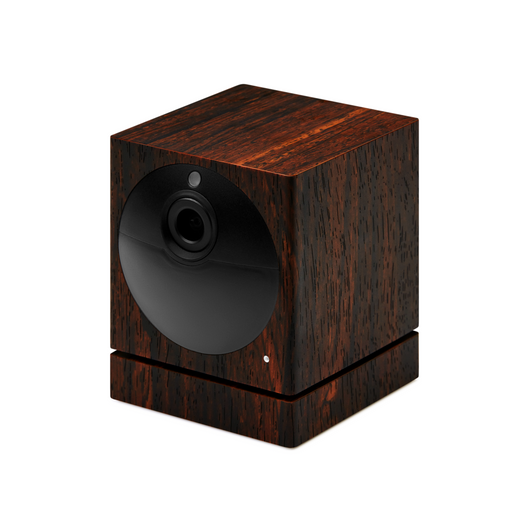 Another angle of mahogany adhesive skin (sticker wrap) covering for Wyze Cam Outdoor.