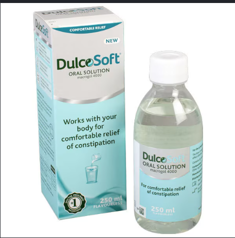 DulceSoft Oral Solution 250 ml bottle and its retail packaging box, featuring a light blue and white design with the brand name 'DulceSoft' in green and blue.
