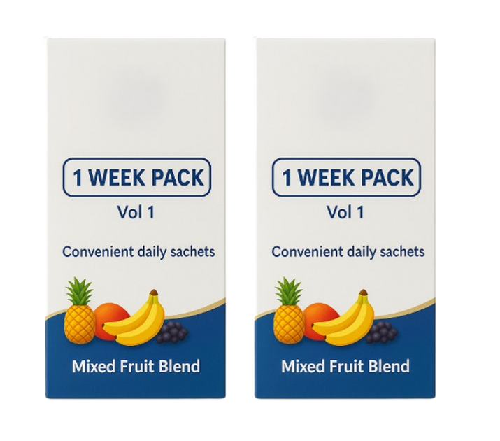 Two identical white and blue boxes of a '1 Week Pack Vol 1' Mixed Fruit Blend sachet pack, featuring illustrations of fruits like pineapple, banana, and orange on a white background.
