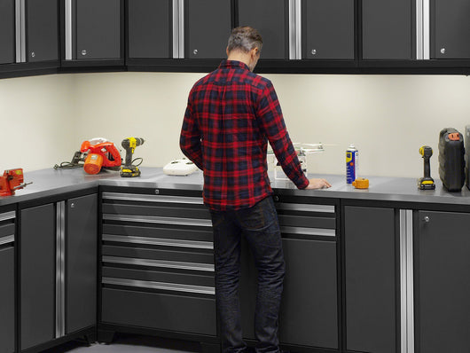 Pro Series 9 Piece Cabinet Set with Wall, Base, Tool Drawer, Multi-Function Cabinet, Lockers, and 84 in. Worktop