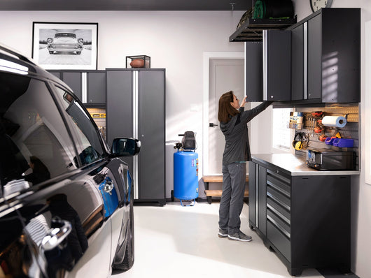 Pro Series 9 Piece Cabinet Set with Wall, Base, Tool Drawer, Multi-Function Cabinet, Lockers, and 84 in. Worktop