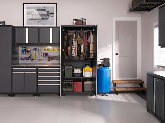 Pro Series 9 Piece Cabinet Set with Wall, Base, Tool Drawer, Multi-Function Cabinet, Lockers, and 84 in. Worktop