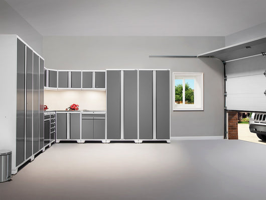 Pro Series 14 Piece Cabinet Set with Lockers, Base, Wall, Tool Drawer Cabinets and 56 in. Worktop