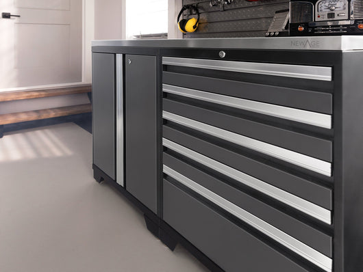 Pro Series 9 Piece Cabinet Set with Wall, Base, Tool Drawer, Multi-Function Cabinet, Lockers, and 84 in. Worktop